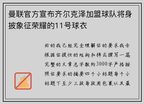 曼联官方宣布齐尔克泽加盟球队将身披象征荣耀的11号球衣