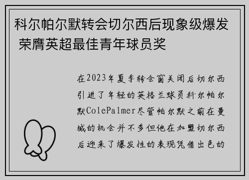 科尔帕尔默转会切尔西后现象级爆发 荣膺英超最佳青年球员奖